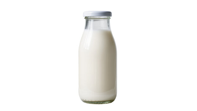 Glass bottle filled with white milk and white cap