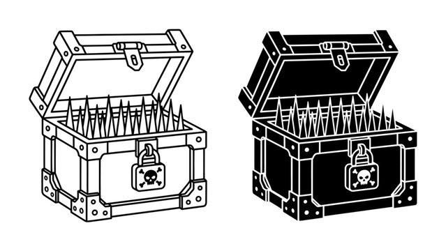 Trap Chest Illustration: A menacing chest with sharp spikes inside, a locked padlock featuring a skull symbol, and reinforced corners, presented in both line art and silhouette styles.