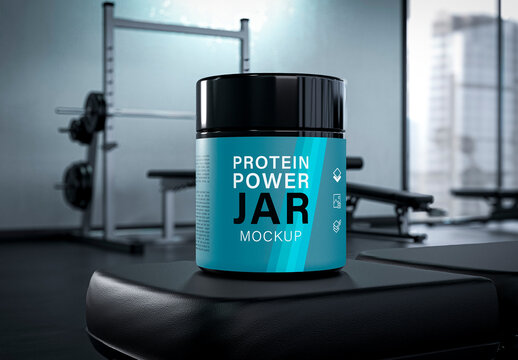 Protein Supplement Jar Mockup in Gym Scene