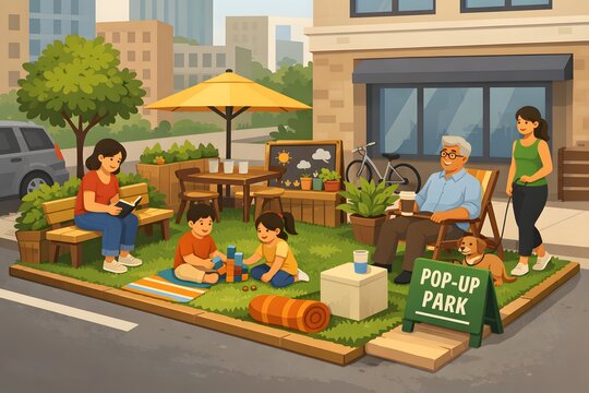 Pop-Up Park in Urban Parking Space on City Street | Green Parklet with Benches, Trees and Sustainable Public Space