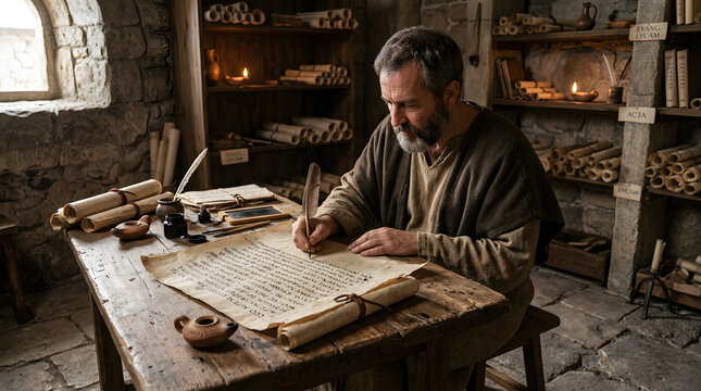 Ancient scribe writing on parchment in a stone library with scrolls