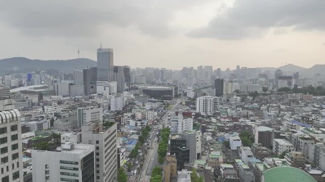 Aerial Drone View of Jongno Cityscape near Dongmyo Station and DDP Dongdaemun Design Plaza in Seoul, South Korea