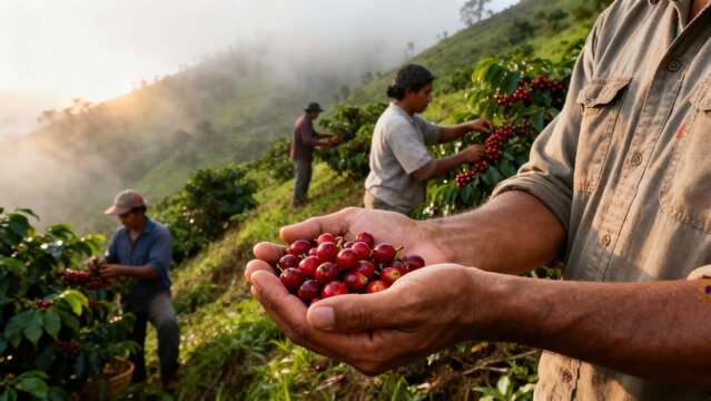 Ripe red coffee cherries held in the hands of a worker standing on a steep mountainside plantation during early morning harvest.