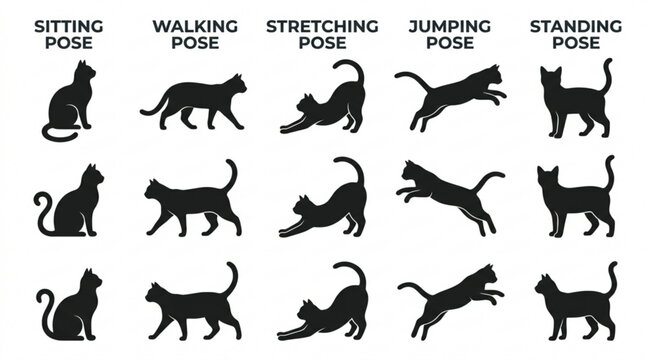 Collection of cat poses sitting walking stretching jumping standing