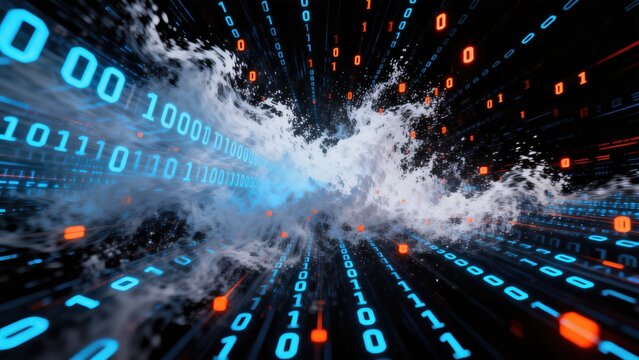 Futuristic binary data tunnel with glowing digital numbers and cyber technology speed effect, idea for network security banner design