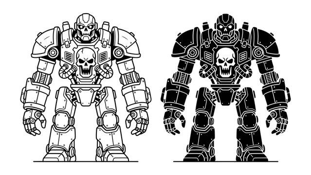 Mechanical Menace: Two imposing robotic figures, adorned with skull emblems and advanced armor plating, stand in stark contrast, representing power and intimidation.