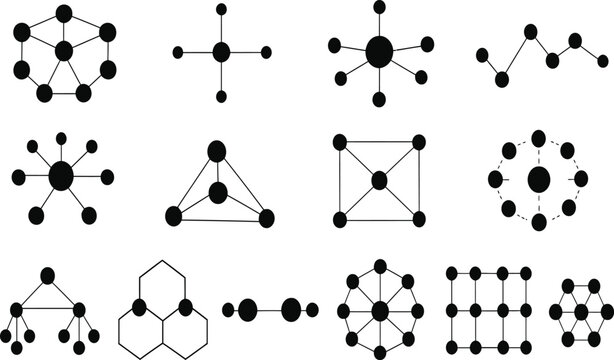 Molecule Network Icon Set 2. Nodes are connected by thin lines to form various geometric networks and abstract data structures for technical presentations.