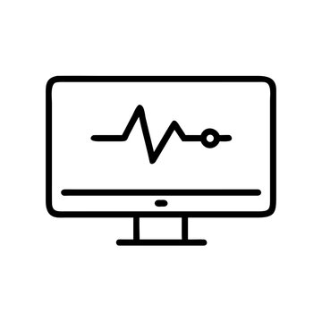 Computer monitor displaying heartbeat medical chart vector line icon.