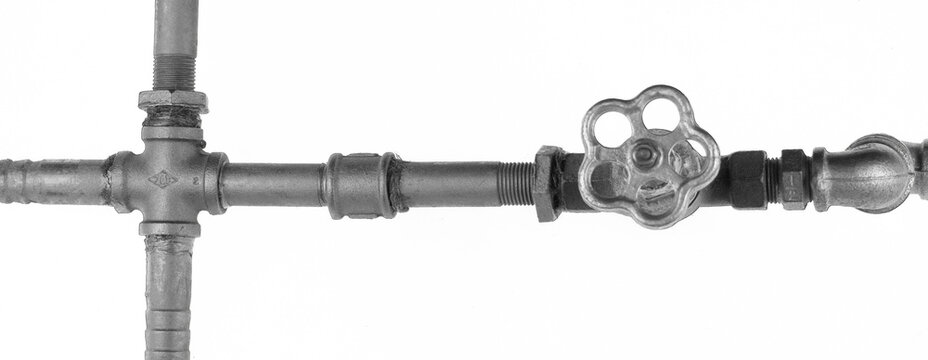 Silver water pipe with valve isolated on white background