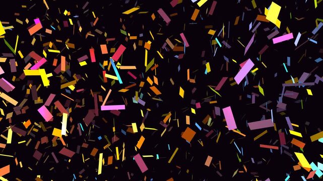 Vibrant Multi-colored Confetti Falling on Black Background. Seamless loop animation of colorful paper particles for festive celebrations, party events, and creative motion graphics projects