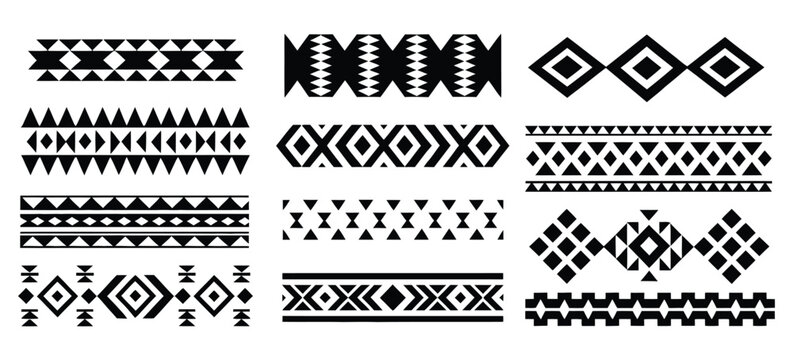 Aztec Navajo Borders Set, Southwestern art symbols inspired by traditional geometric tribal ornaments, seamless decorative vector border collection for bohemian designs, home d&eacute;cor, textiles