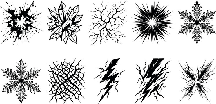 Black vector graphic illustrations of various abstract snowflakes and lightning bolts with cracked and shattered effects on white background