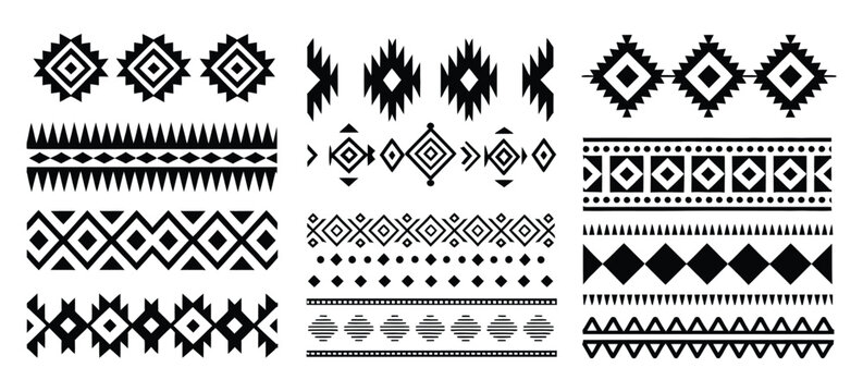 Aztec Navajo Borders Set, Southwestern art symbols with classic tribal geometric motifs, ornamental ethnic pattern collection, seamless vector borders for fabric design, packaging, branding