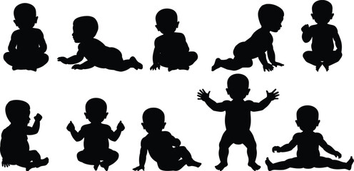 Ten Black Silhouettes of Babies in Diverse Poses on a White Background infants