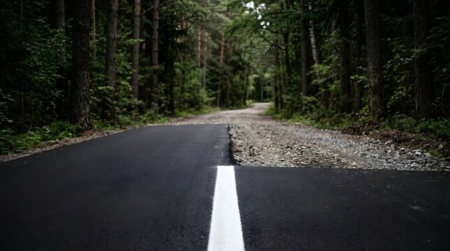 Freshly paved black asphalt road abruptly ends transitioning into a rough gravel path surrounded by dark dense green pine forest