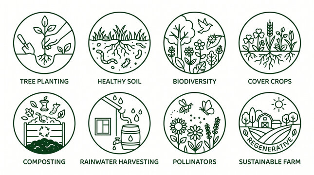 Sustainable farming and regenerative agriculture line icons set with agriculture