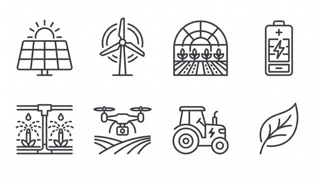 Set of smart agriculture and sustainable farming technology icons with renewable