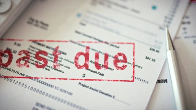 A view captures a receipt marked with a red seal bearing the inscription past due, denoting unpaid utilities. The stamped payment slip rests among documents and a calculator, showing overdue bills