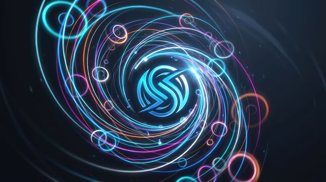 Abstract vortex logo with glowing lines and colorful circles on dark background.
