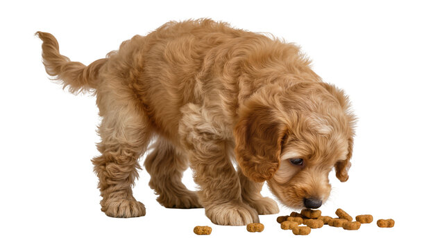 Fluffy golden retriever puppy eating dog food kibble