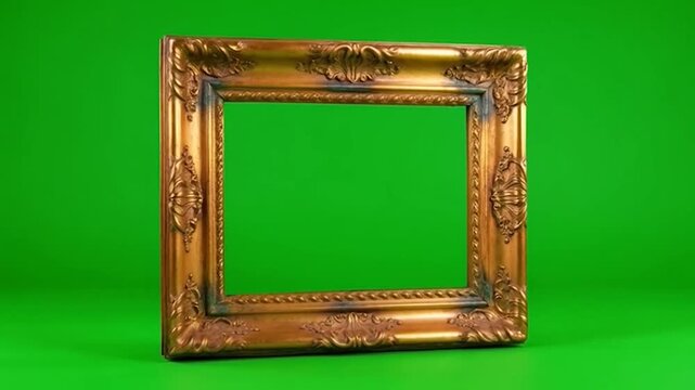 Ornate gold picture frame isolated on a green screen background