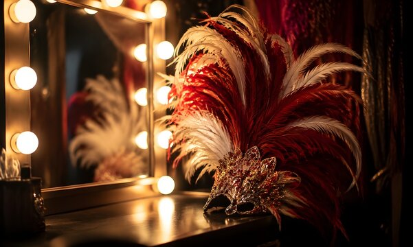 Glamorous Showgirl Headdress Made Of Feathers Resting Beside Brightly Lit Vanity Mirror Inside Dressing Room