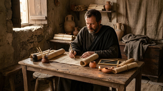 Ancient scribe writing on a papyrus scroll in a dimly lit stone room