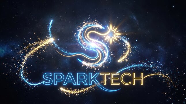 Dynamic sparktech logo design with lightning bolt motif and glowing energy particle waves.