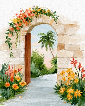 Vertical Textured watercolor painting of a rustic stone archway with bougainvillea opening to a serene tropical garden with a palm tree, an idyllic vacation or book cover background.