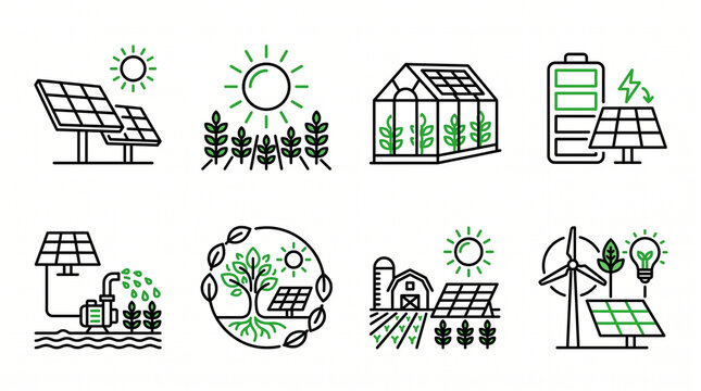 Set of renewable energy and sustainable agriculture icons with renewable