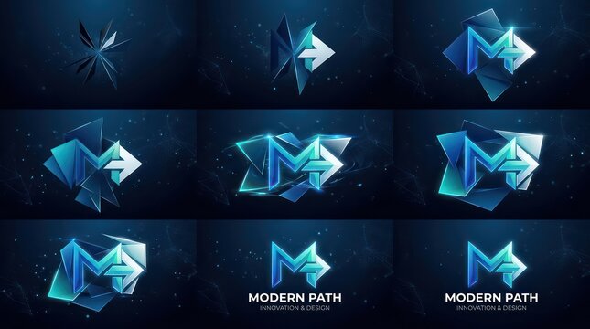 Modern path M letter logo animation with geometric abstract elements.