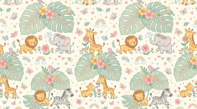 Cute safari babies play with jungle leaves, flowers, rainbows on light bkg
