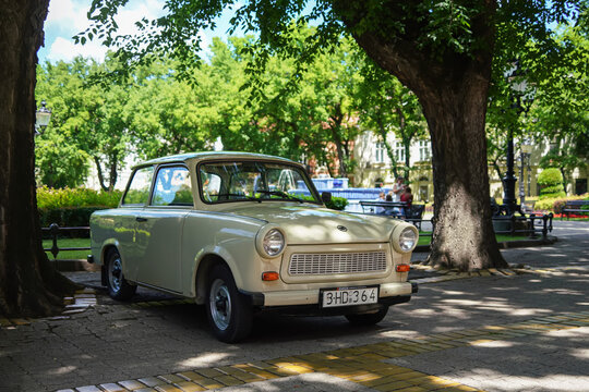Frontal view of a vintage beige Trabant 601 S historic car from the eastern bloc era, parked in Subotica, Serbia, on June 7, 2026