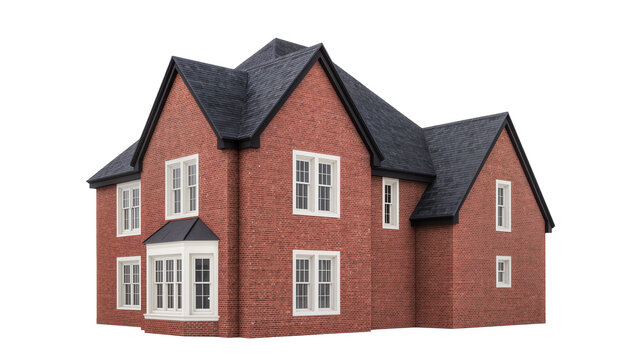 Red brick two-story house with dark roof and white windows