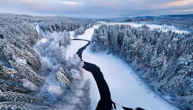 Aerial View Of Snowy Winter Forest With Black River Drone Photography Panoramic Image Of Beautiful Frosty Trees And Loops Of River In Jamtland County Sweden
