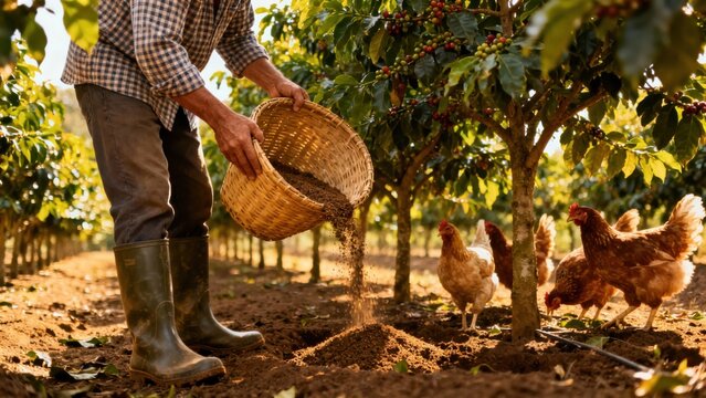 Organic farmer applying granular material from a wicker basket near ripening coffee bean plants watched by foraging free-range brown chickens.
