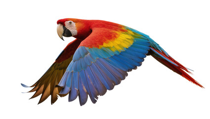 Obraz premium Scarlet Macaw parrot flying with spread wings, vibrant colors