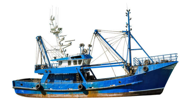 Blue fishing trawler boat with cranes and rigging