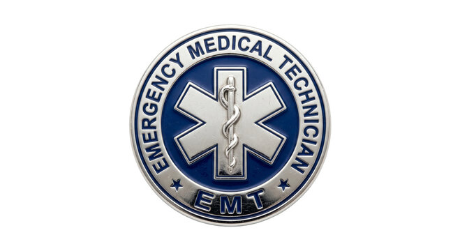 Close-up of an Emergency Medical Technician EMT badge with star of life symbol