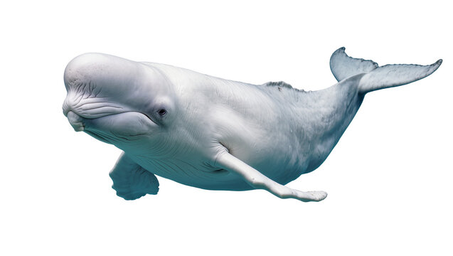 White beluga whale swimming underwater with flippers outstretched