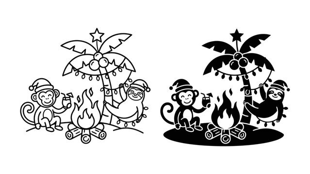 Christmas Beach Party: A whimsical illustration depicts two adorable monkeys and a sloth celebrating Christmas on a tropical beach, complete with Santa hats, a lit bonfire, a decorated palm tree.