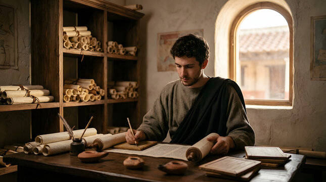 Young scribe writing on a scroll in an ancient library room