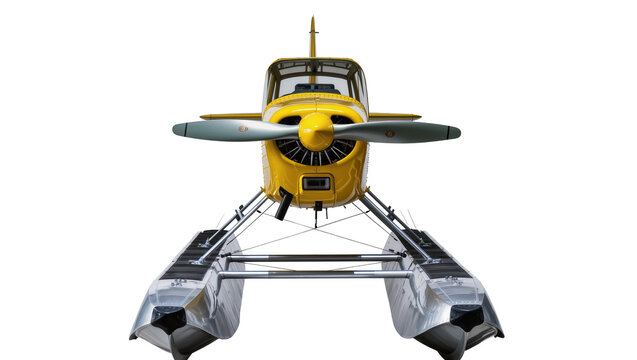 Yellow seaplane with floats and propeller