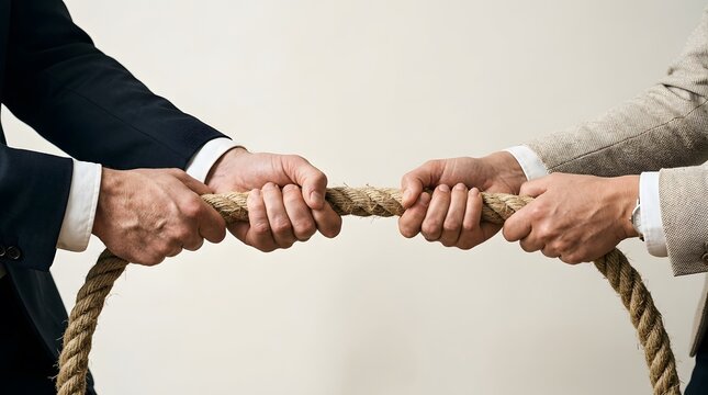 Two business people pulling opposite ends of a rope