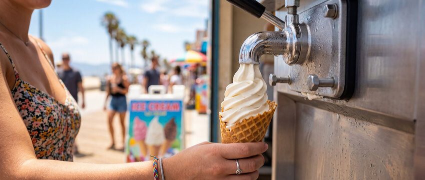 Woman getting soft serve ice cream from a machine on a sunny boardwalk