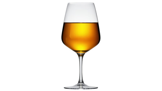 Clear wine glass filled with amber liquid
