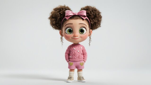 Cute cartoon girl with curly hair and pink outfit