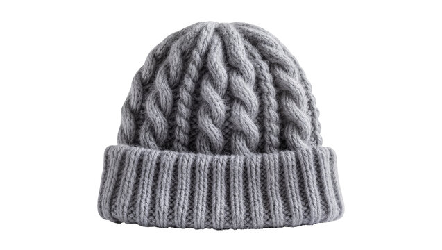 Gray knitted beanie with cable knit pattern