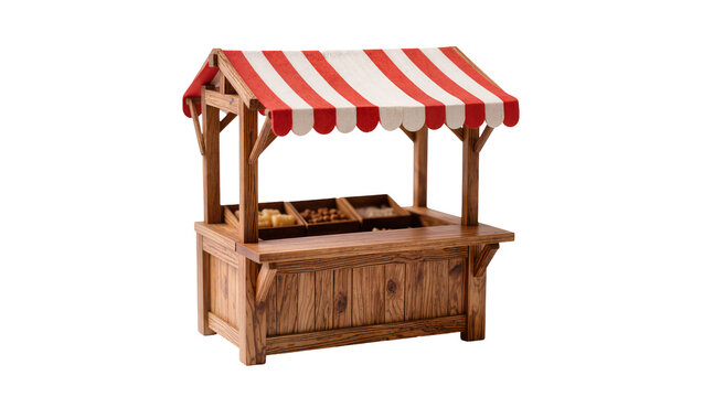 Wooden market stall with red and white striped awning