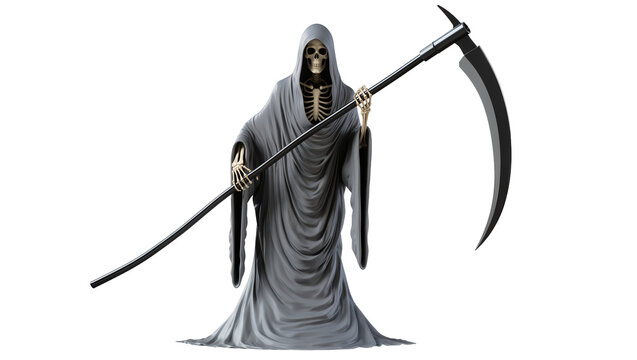 Grim Reaper skeleton figure with scythe and grey robe